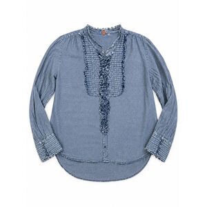 Free People Chambray Ruffle Shirt Sz XS Blue Long Sleeve FP One Oversized